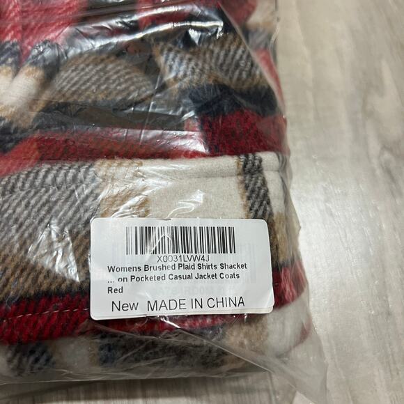 Womens Red Plaid Shacket/Jacket Lapel Coat Button Down Long Sleeve Shacket M - Picture 12 of 12